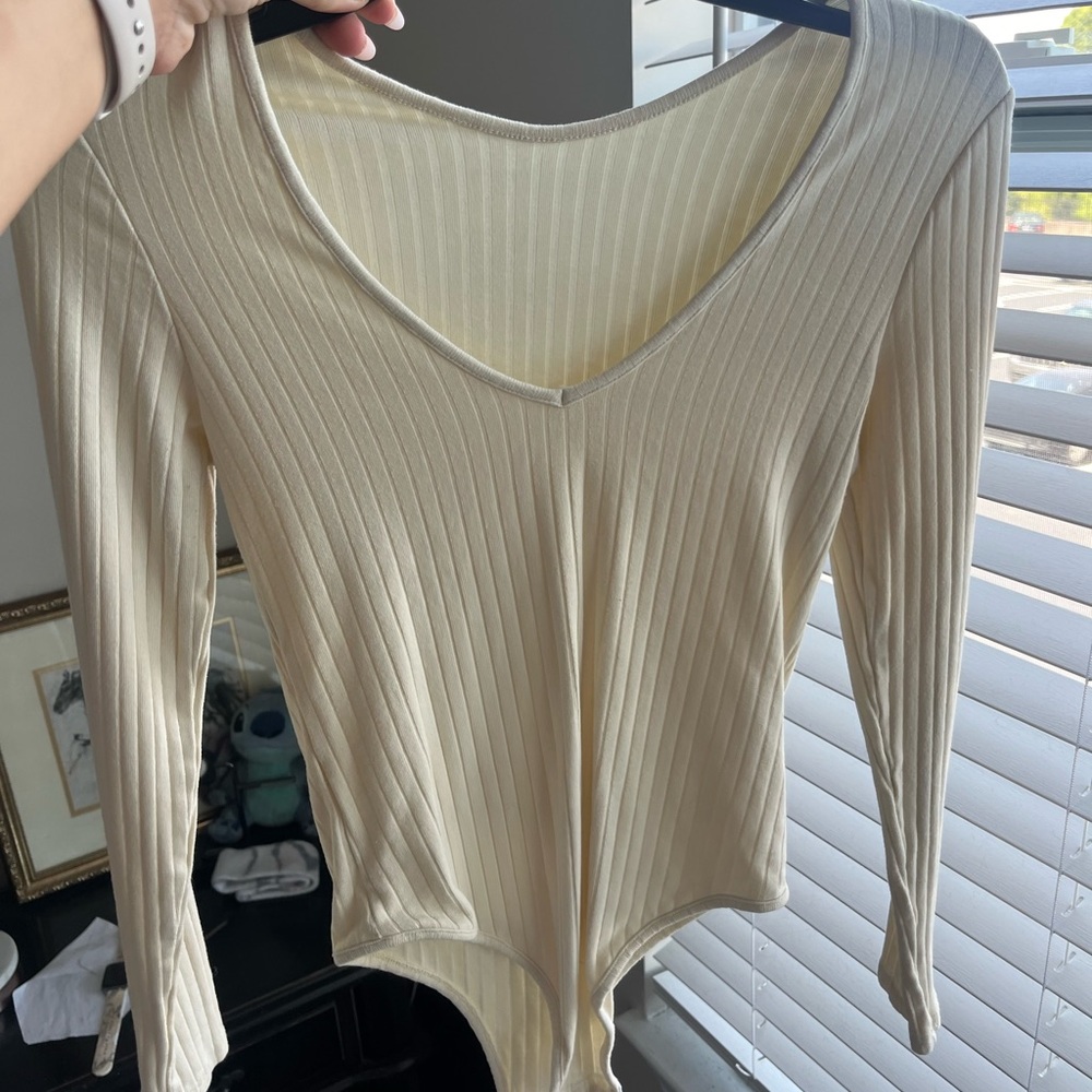 Cream Long Sleeve Thong Bodysuit